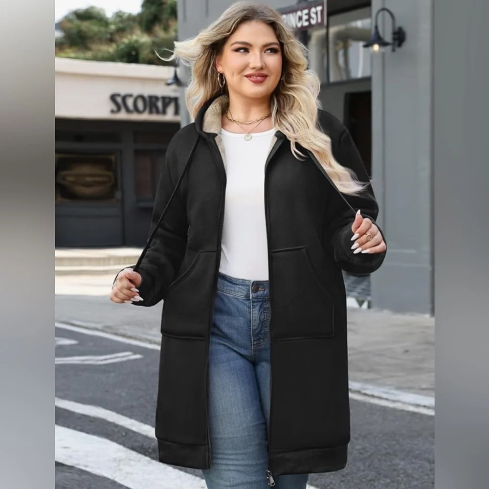 Plus Size Black, Zip up Long Jacket/Coat. Winter Hooded Outer wear Size XXL - Picture 3 of 8